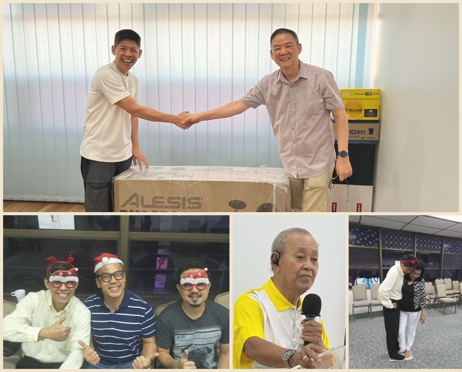 Handing over our Alesis electronic drum kit to Ps Stephen, with fellowship and celebration