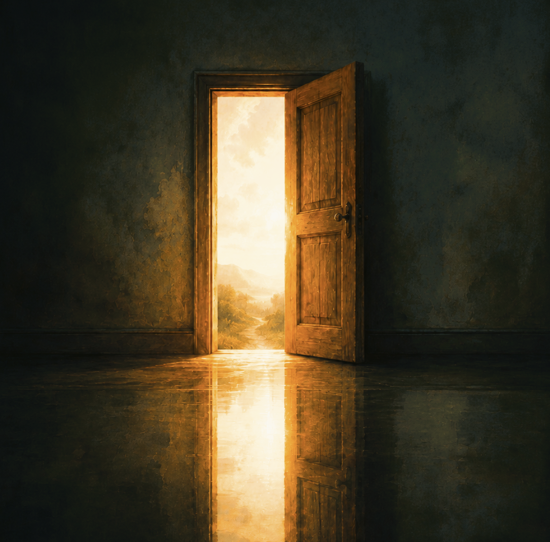 An open door with light streaming through